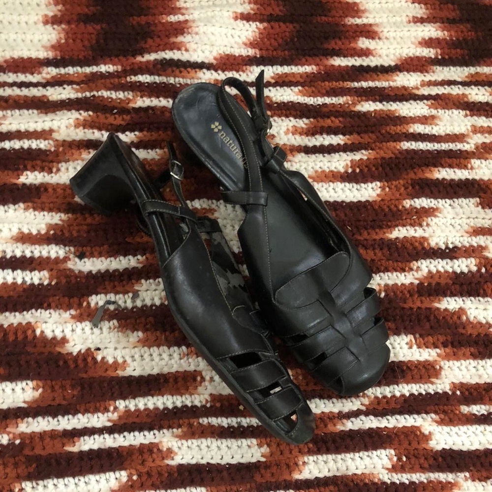 80s/90s Black Leather woven Fisherman Pilgrim Sandal Maryjane loafers flats shoe - Picture 2 of 6